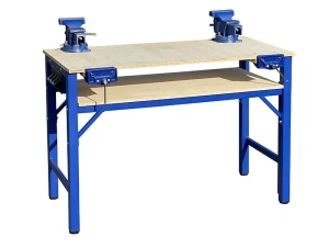 Stół warsztatowy 130x80 cm - zestaw z półką, imadłami i gniazdem elektrycznym